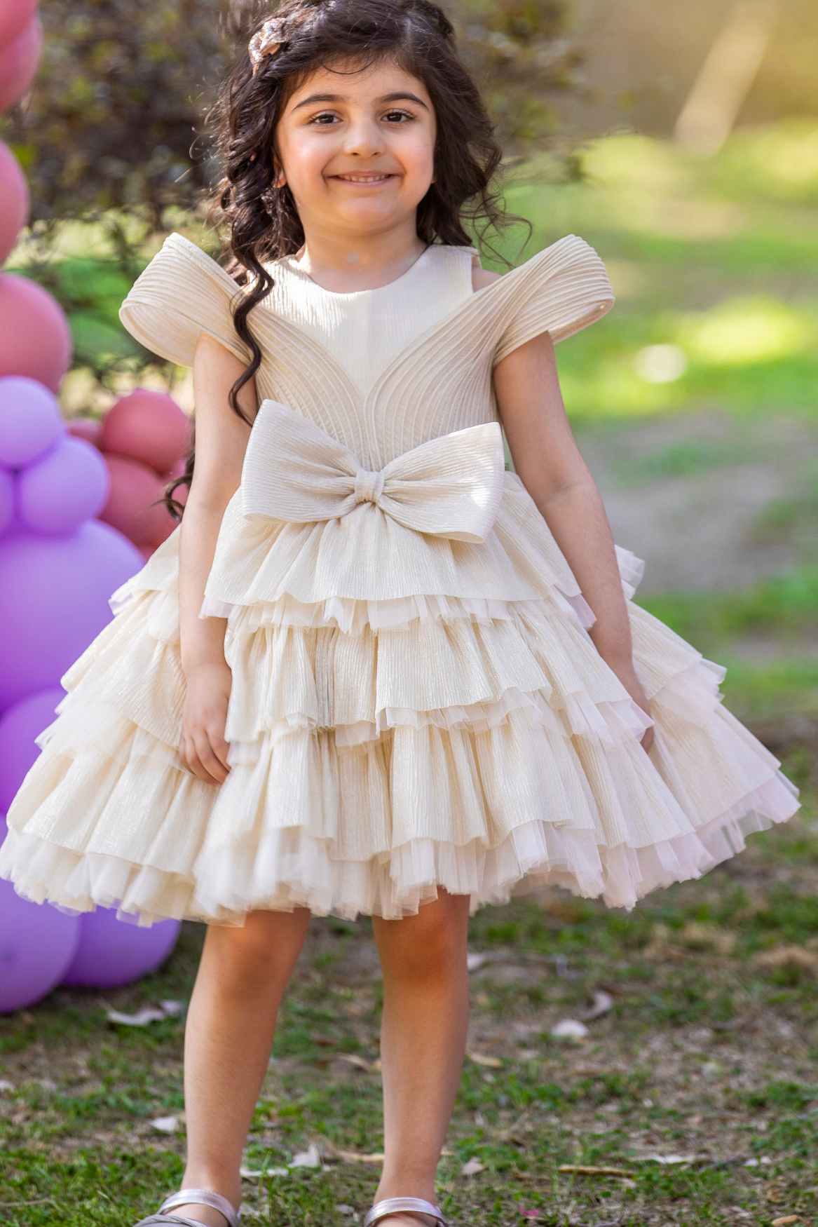 Cream Bow Embellished Party Wear Frock For Girls