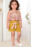 Mustard Floral Printed Frill Top With Thread Work Shorts Set For Girls