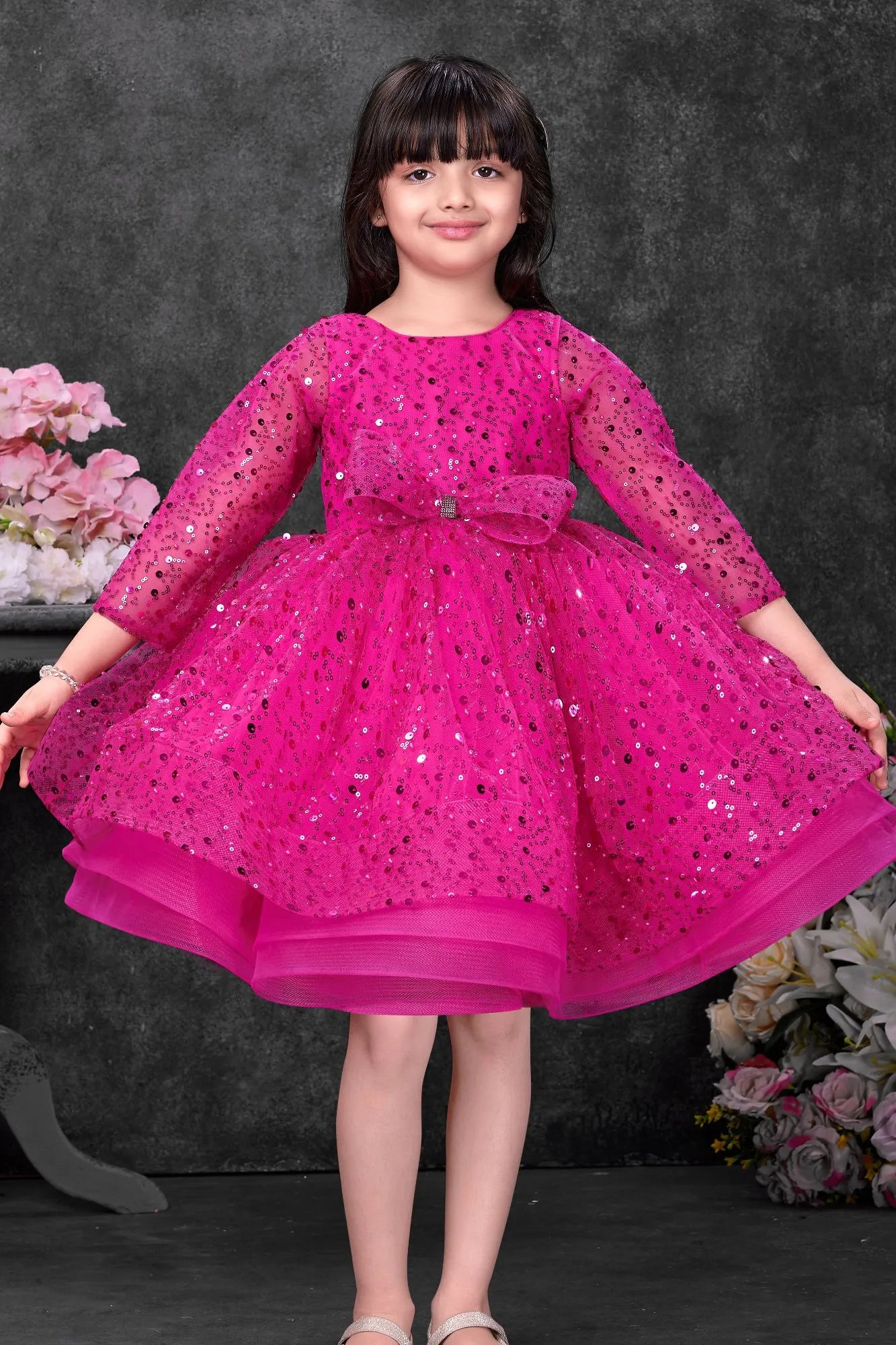 Pink Sequins Embellished Party Wear Frock with Bow Detail For Girls