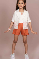 Rust Orange Top And Shorts Casual Wear Set With Floral Embroidered Overcoat For Girls