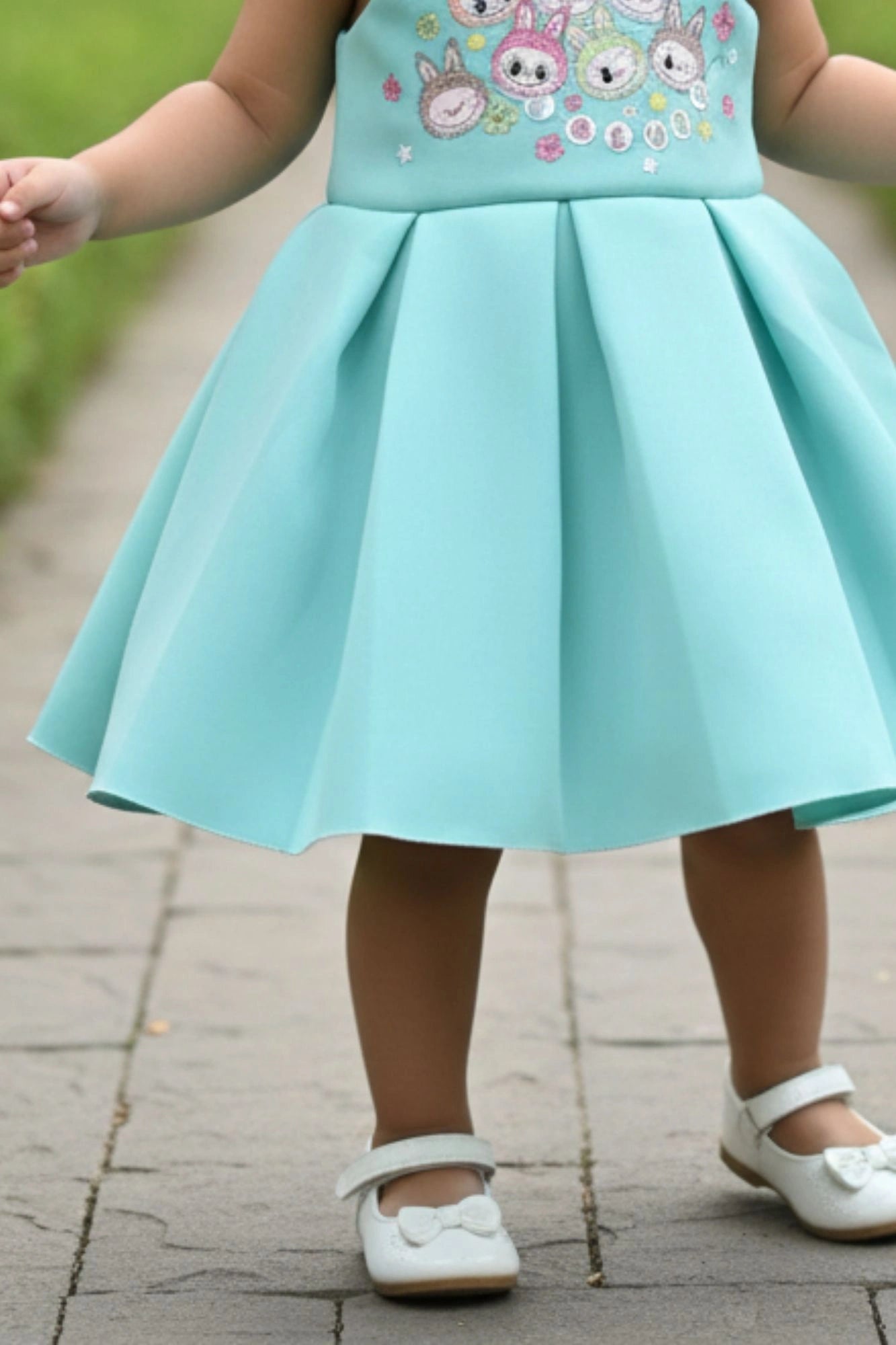Aqua Blue Cartoon Printed Party Frock For Girls
