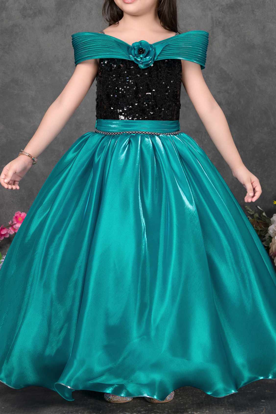 Teal Sequin Princess Party Wear Gown For Girls