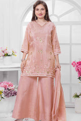 Pink Embroidered Palazzo Set With Dupatta For Girls