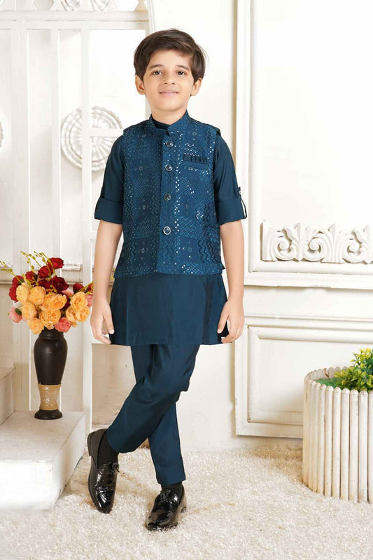 Teal Blue Full Sleeves Kurta With Sequin Embroidered Waist Coat Set For Boys