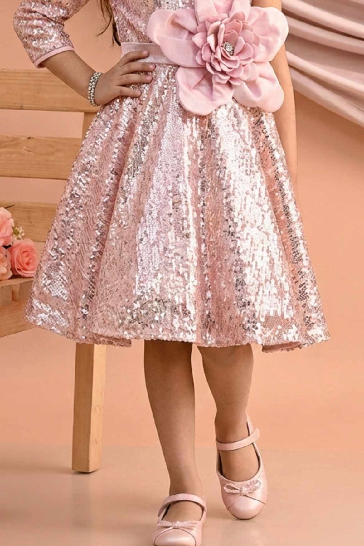 Blush Pink One-Shoulder Sequin Party Frock with 3D Floral Waist Applique For Girls