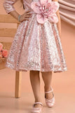 Blush Pink One-Shoulder Sequin Party Frock with 3D Floral Waist Applique For Girls