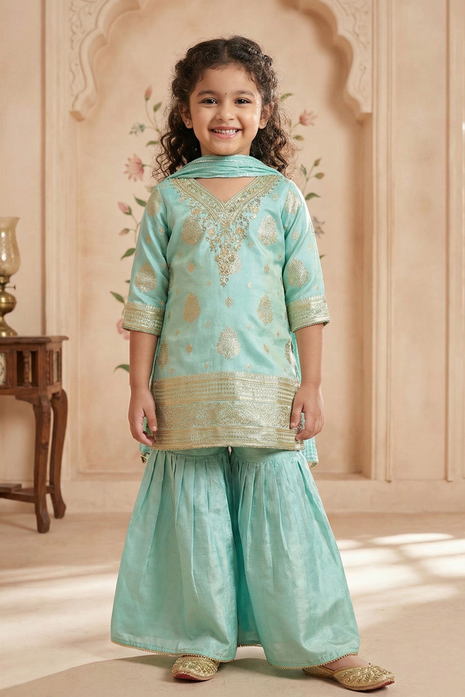 Girls Sea Green Sharara Set With Zari Embroidery And Dupatta