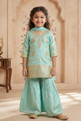 Girls Sea Green Sharara Set With Zari Embroidery And Dupatta