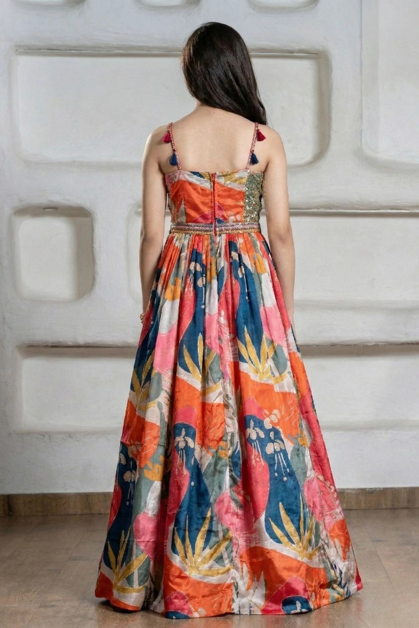 Multicolor Abstract Print Embellished Ethnic Gown For Girls