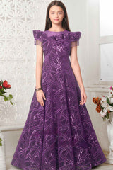 Royal Purple Sequined Partywear Gown For Girls