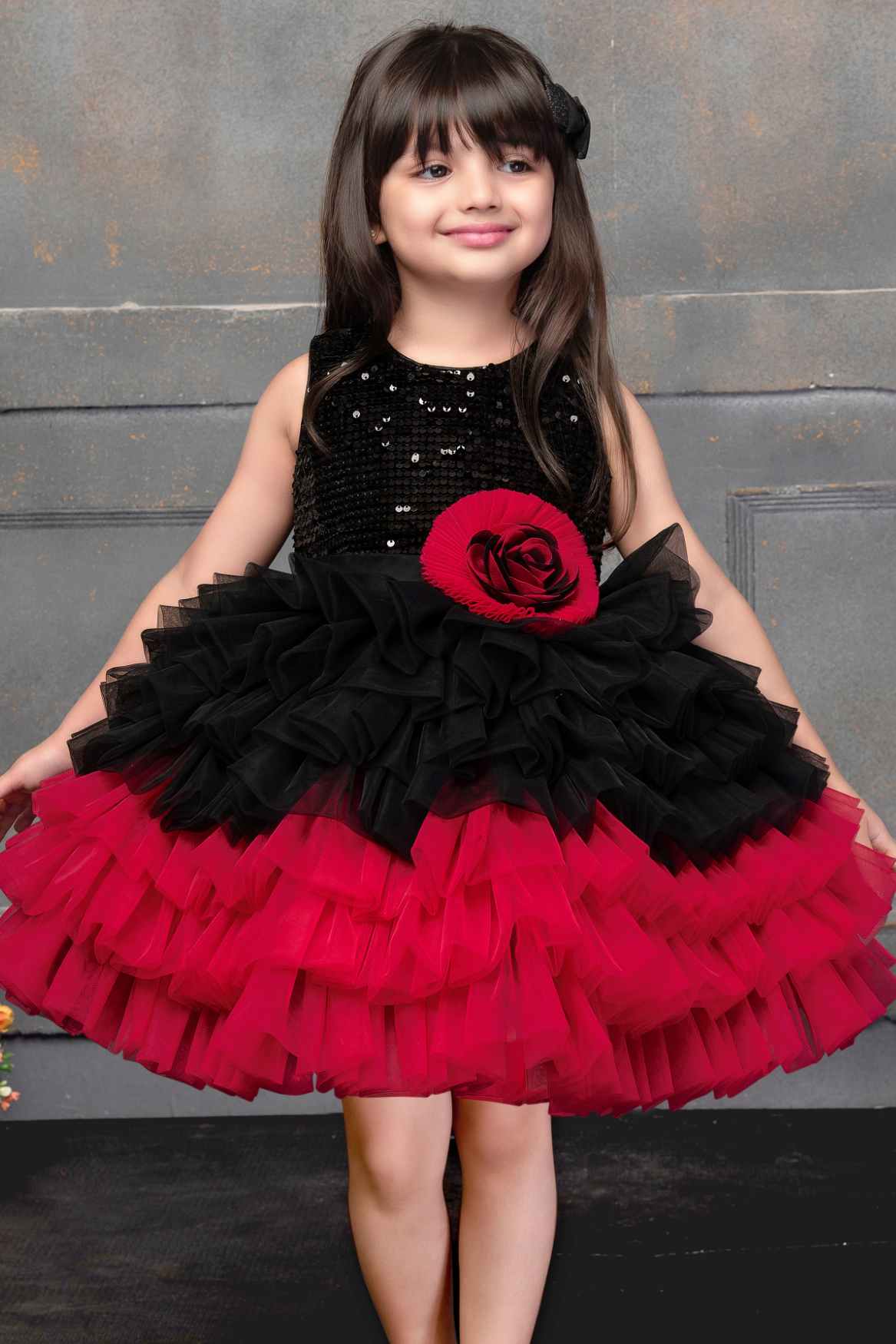 Red And Black Multilayered Partywear Frock For Girls - 6-12M (16) Red And Black Multilayered Partywear Frock For Girls - 6-12M (16)