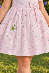 Girls Pink Floral Printed Puff Sleeve Fit And Flare Dress