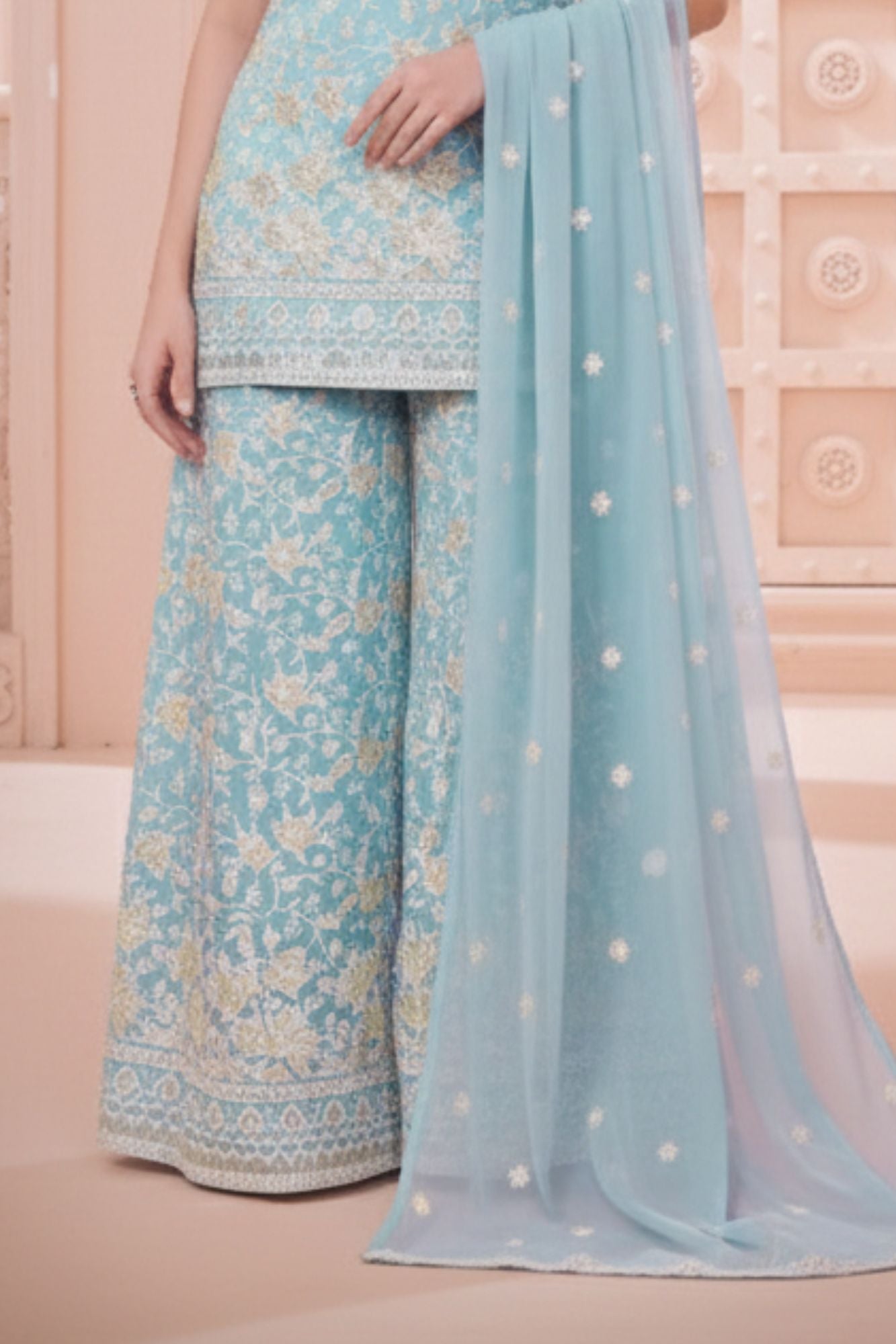 Sky Blue Embroidered Palazzo Set with Dupatta For Girls