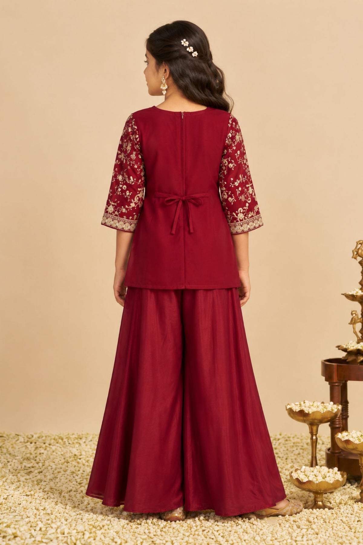 Girls Maroon Sequin Embroidered Palazzo Set with Dupatta