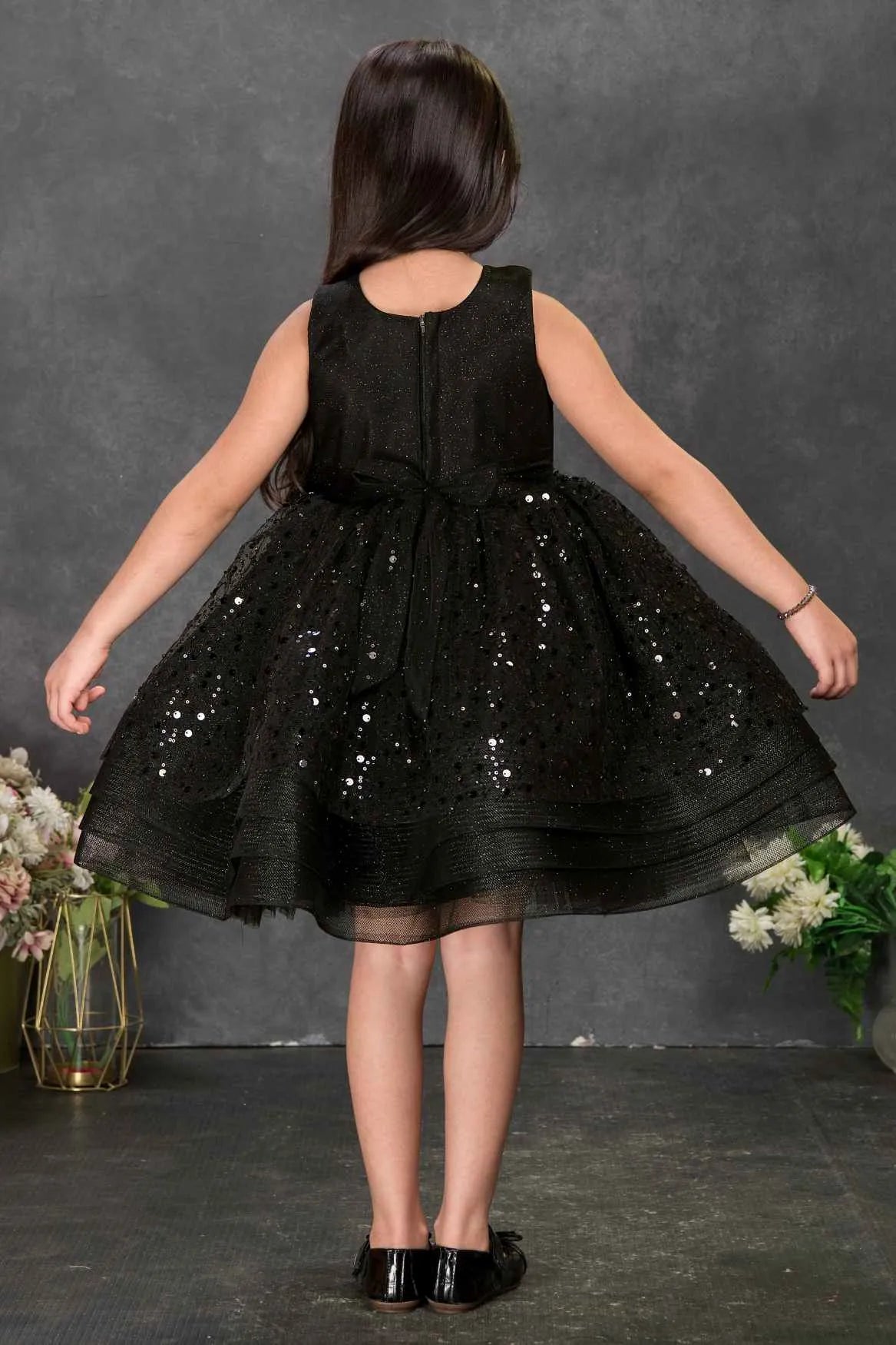 Black Sequin Party Frock With Bow Detail For Girls