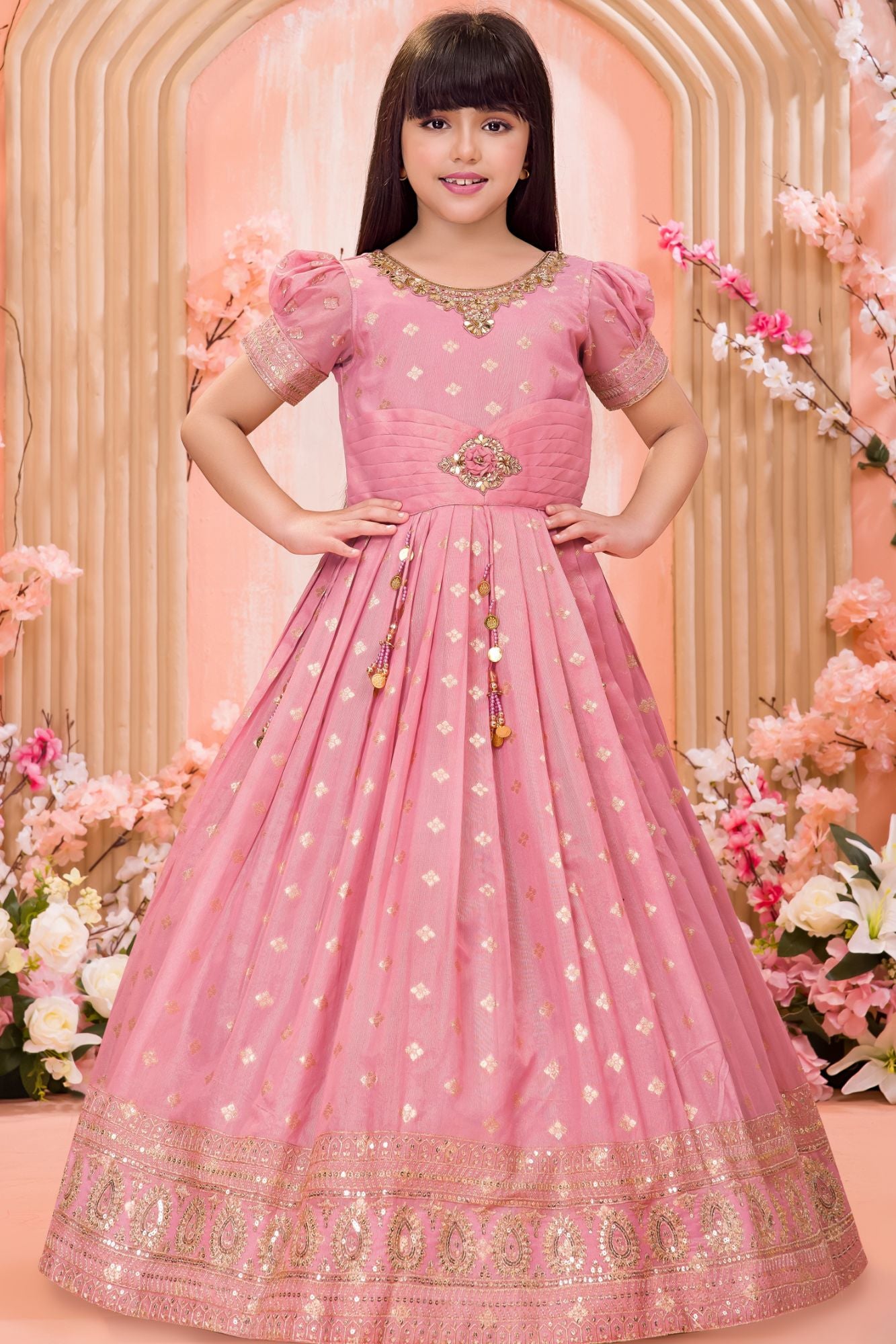 Rose Pink Embroidered Ethnic Gown For Girls 15-16Y (38)