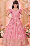 Rose Pink Embroidered Ethnic Gown For Girls