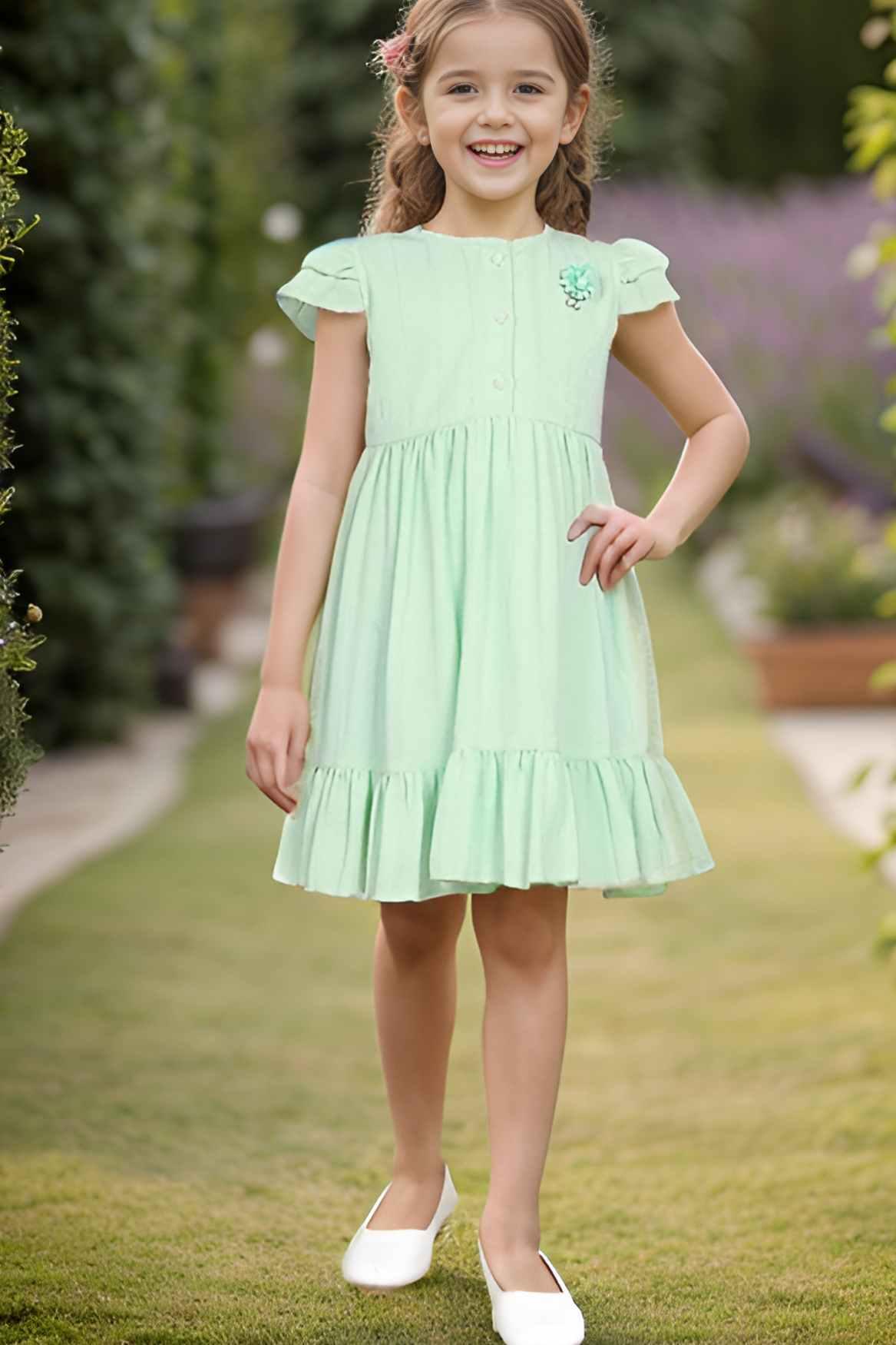 Pista Green Casual Frock With Flutter Sleeves For Girls - Lagorii Kids