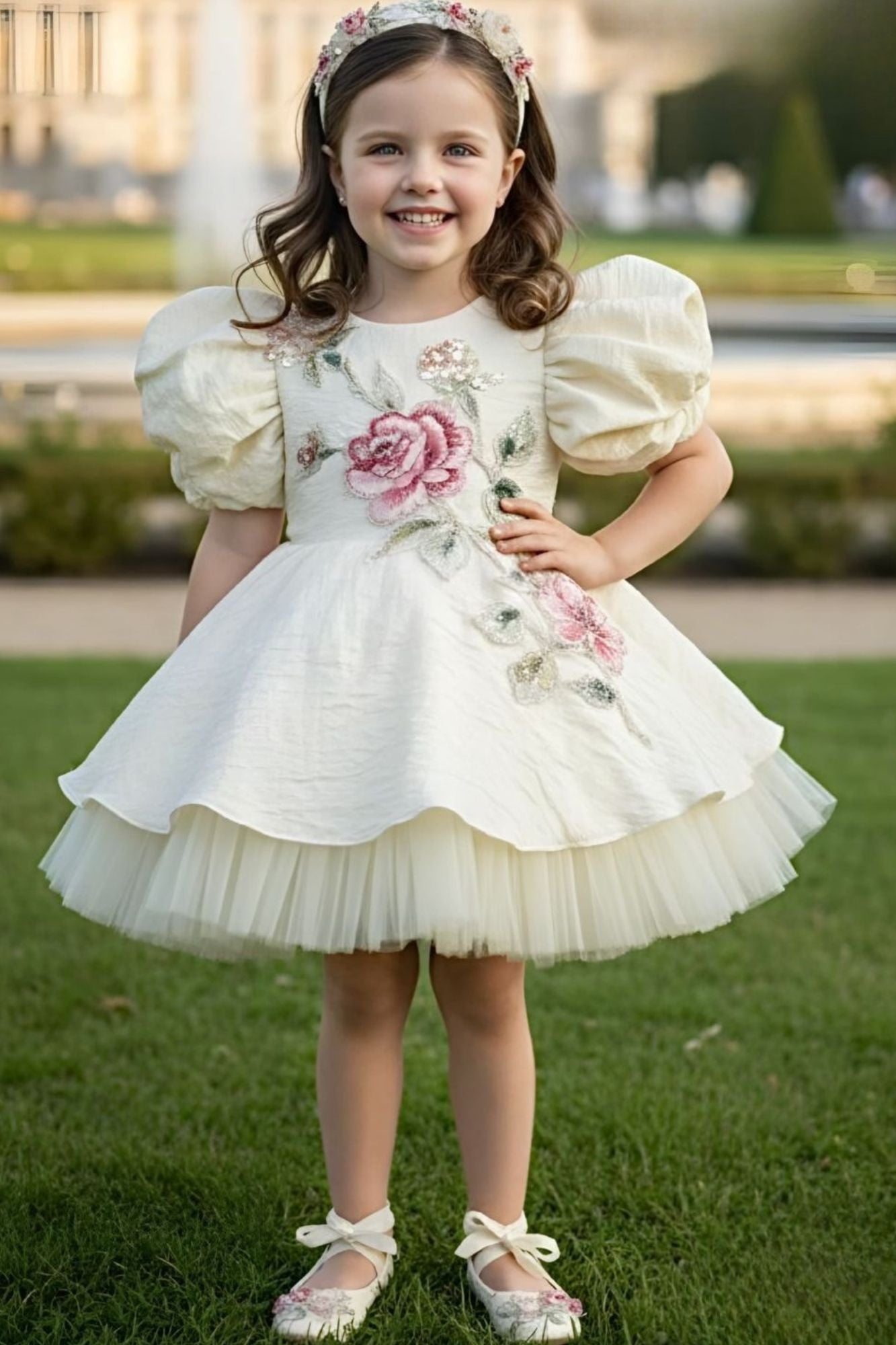 Cream Floral Embroidered Puff Sleeve Party Frock For Girls