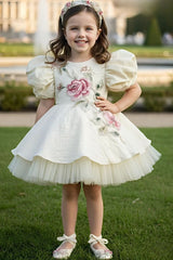 Cream Floral Embroidered Puff Sleeve Party Frock For Girls