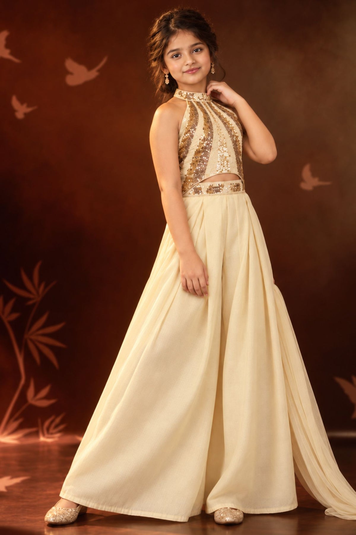 Girls Cream Sequin Halter Crop Top with Palazzo Set