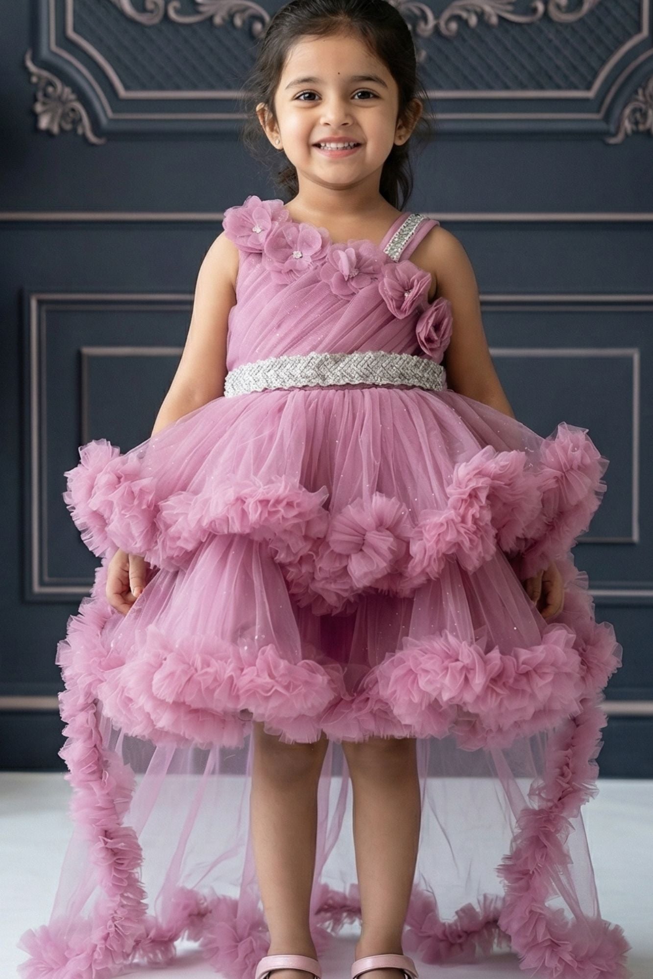 Onion Pink Floral Appliqué Layered High-Low Party Wear Frock For Girls