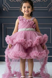 Onion Pink Floral Appliqué Layered High-Low Party Wear Frock For Girls