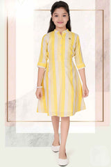 Yellow 3/4th Sleeves Stripe Frock For Girls