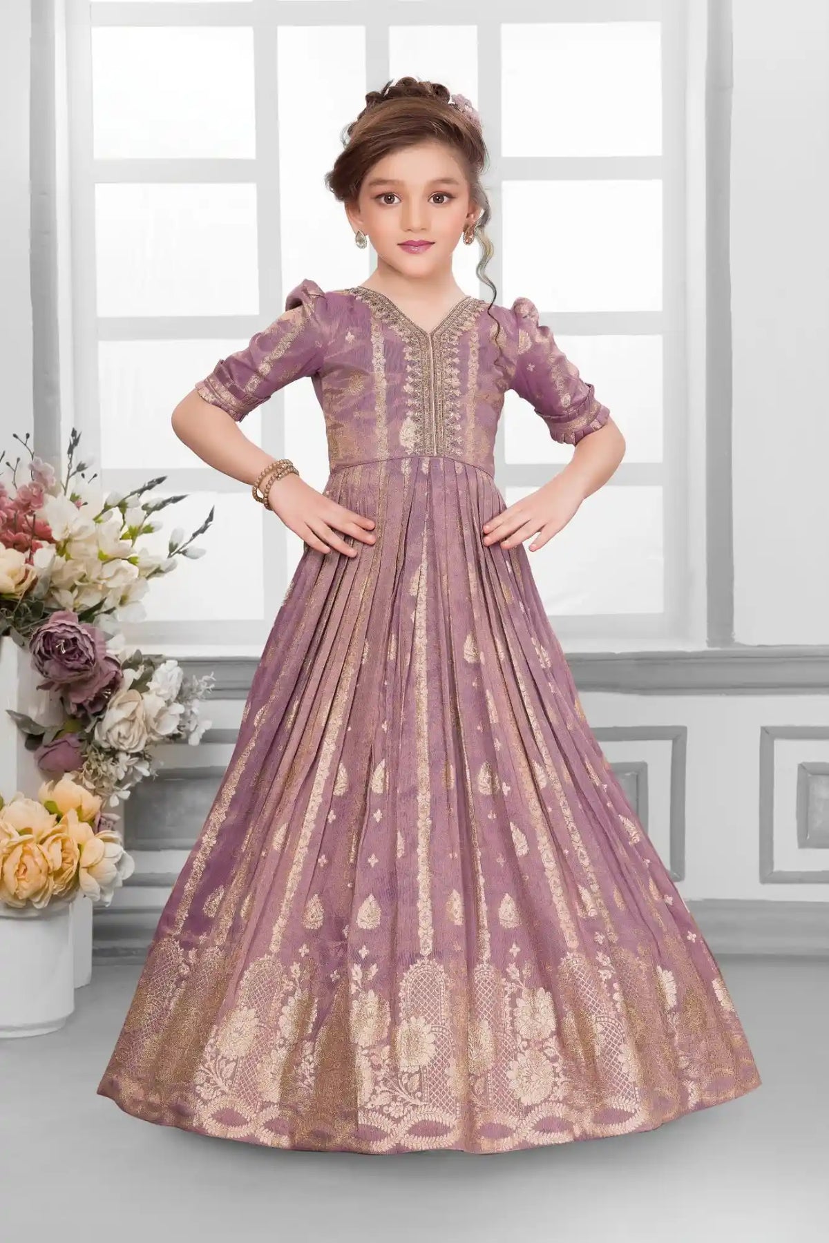 Mauve Embroidered Anarkali Gown For Girls