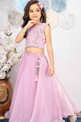 Pink Mirror Work With Embroidered Lehenga Choli Set For Girls