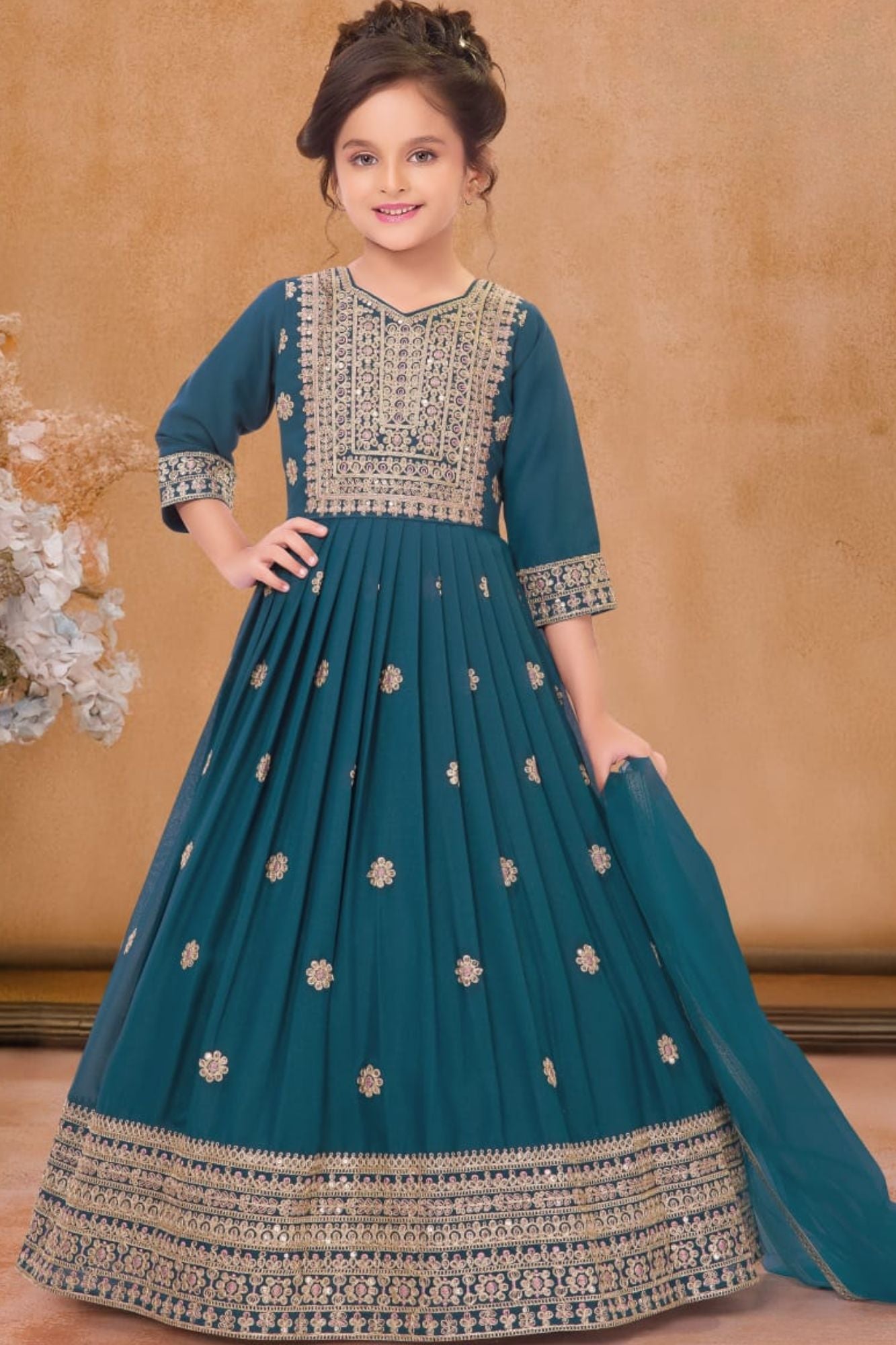 Teal Embroidered Anarkali Ethnic Gown with Dupatta For Girls