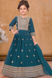 Teal Embroidered Anarkali Ethnic Gown with Dupatta For Girls