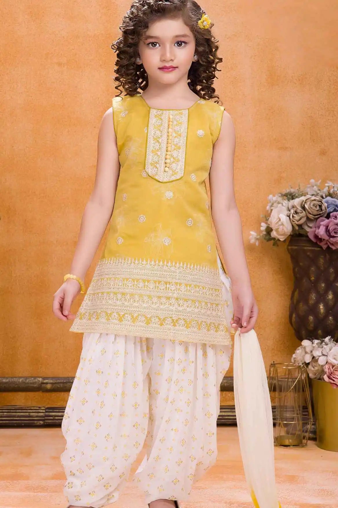 Mustard And White Printed With Embroidered Patiala Set For Girls