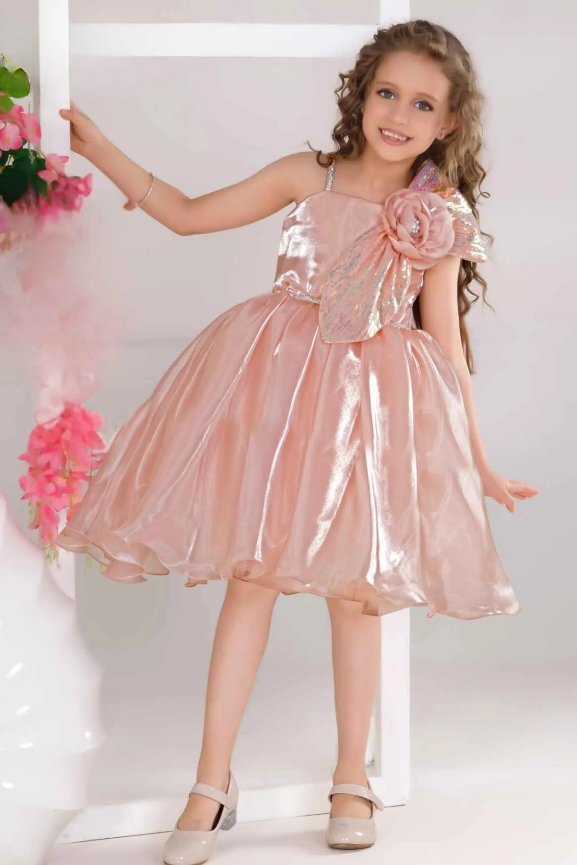 Peach Party Frock With Sequin Bow And 3D Flower Detail For Girls