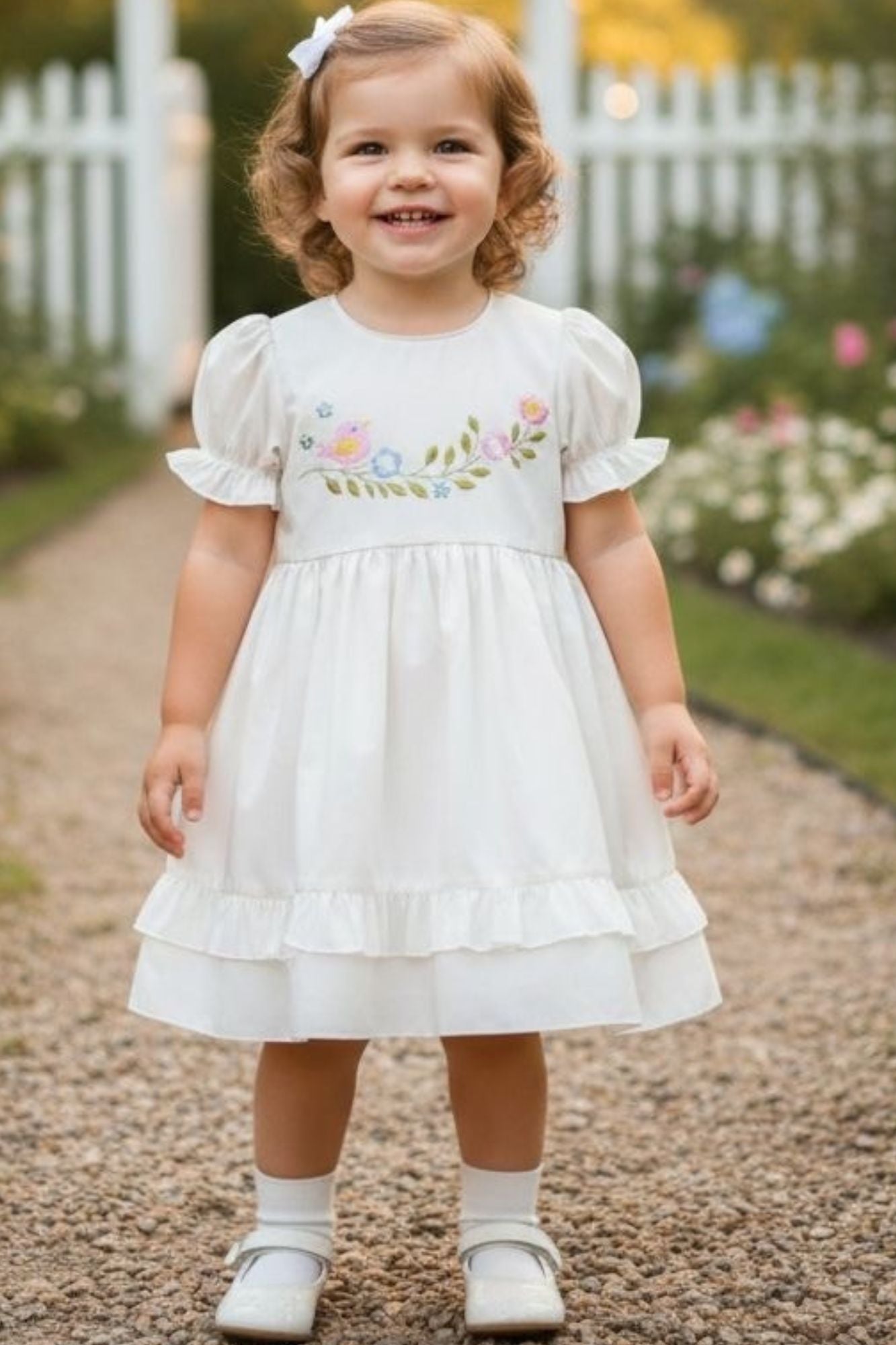 Girls White Floral Embroidered Fit And Flare Frock