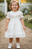 Girls White Floral Embroidered Fit And Flare Frock