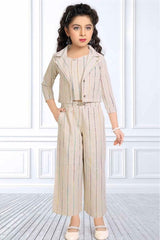 Stylish Beige Overcoat With Thread Work Co Ord Set For Girls