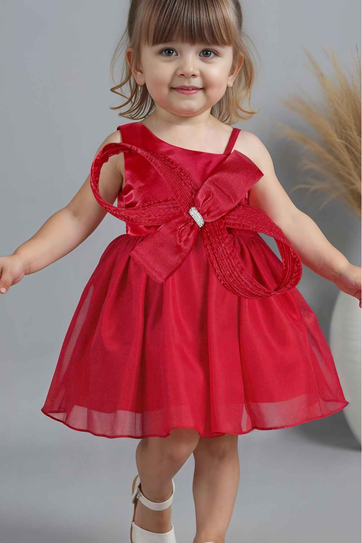 Red One-Shoulder Bow Embellished Party Dress for Girls