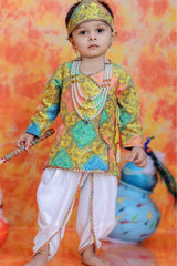 Yellow Krishna Janmashtami Bandini Print kurta With Dhoti For Boys