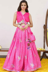 Elegant Pink & White Embroidered Ghagra Choli Set With Sling Potli Bag For Girls