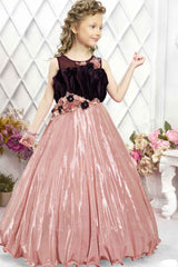 Onion Pink Shimmer Gown Embellished With Floral For Girls