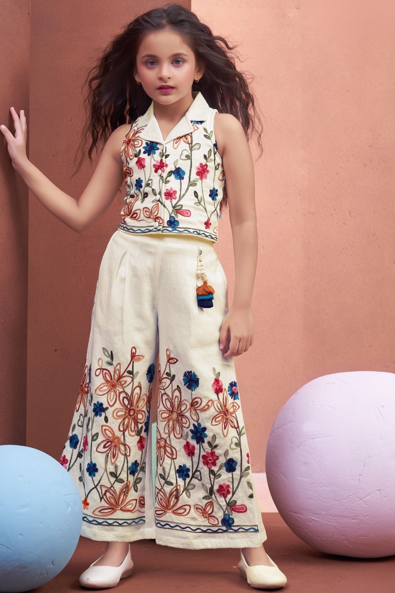 Girls Elegant White Embroidered Top And Pants Co-Ord Set With Multicolor Floral Detailing