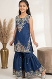 Navy Blue Embroidered Sharara Set With Dupatta For Girls