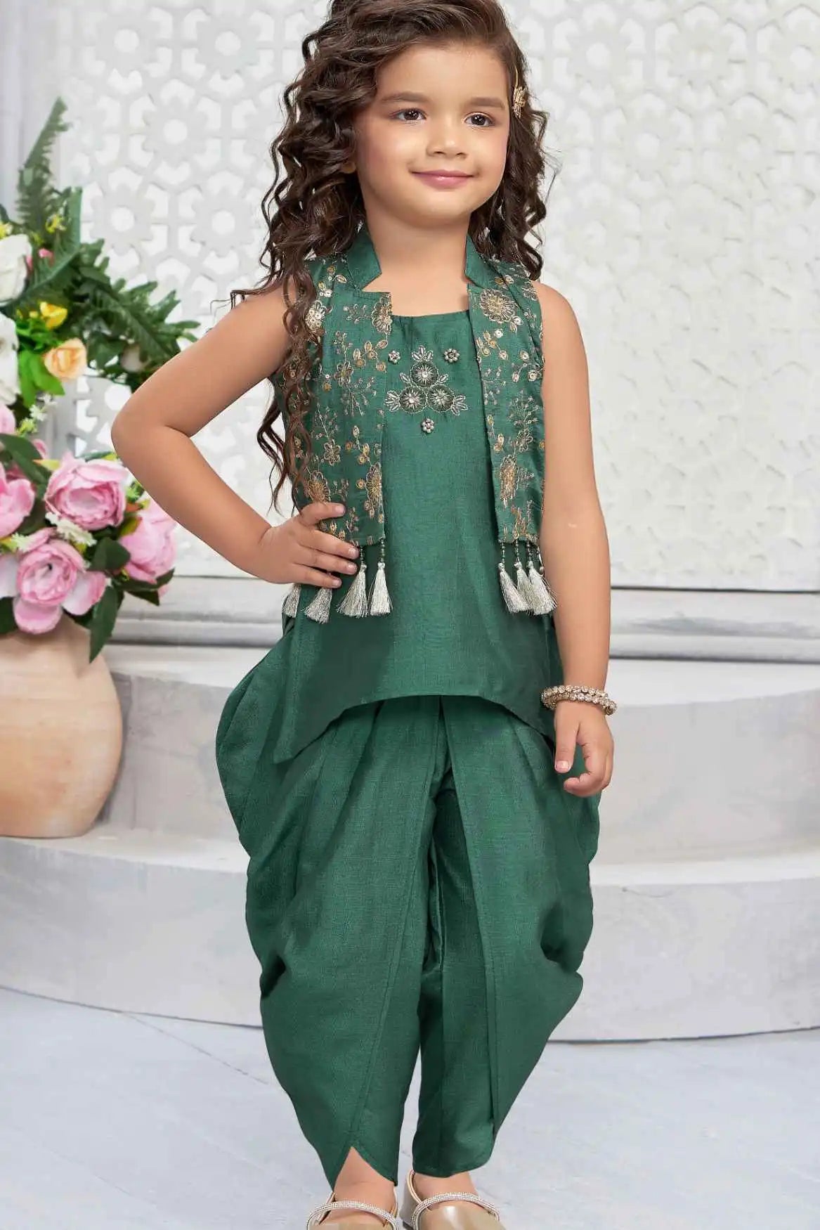 Green Dhoti Set With Embroidered Kurti And Jacket For Girls