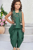 Green Dhoti Set With Embroidered Kurti And Jacket For Girls