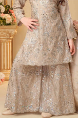 Fawn Embroidered Kurti Sharara Set With Dupatta for Girls
