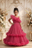 Rani Pink One-Shoulder Net Party Gown with Layered Ruffle Hem For Girls