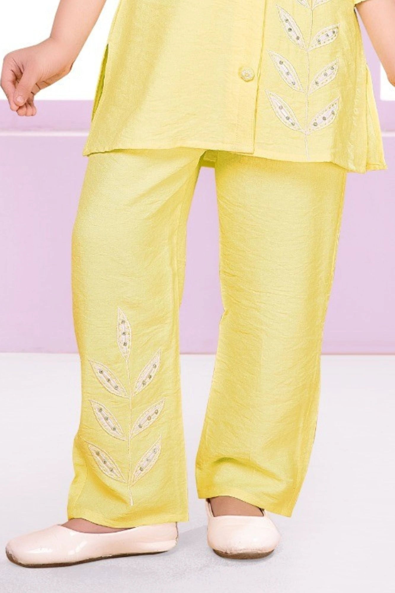 Lemon Yellow Embroidered Casual Co-ord Set for Girls