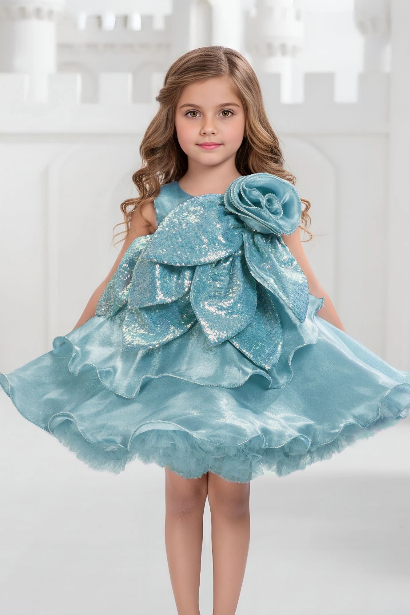 Sky Blue Embellished Glitter Bow Party Dress for Girls