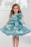 Sky Blue Embellished Glitter Bow Party Dress for Girls